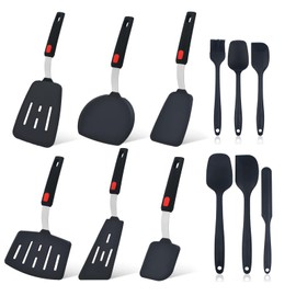 Kitchen Utensil Set, 12 Pieces Heat Resistant Silicone Spatula Set for Nonstick Cookware, Include 6 Spatula Turner & 6 Kitchen Scraper, Cooking Utensils Set for Baking Scraping Mixing (Black)