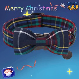 DOGWONG Red Dog Collar with Bow Tie - Red Blue Checked Comfortable Cotton Christmas Dog Collar with Removable Bow Tie for Small Large Medium Dog