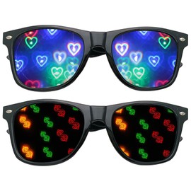 Liameph 2 Pairs Diffraction Glasses,Rave Glasses,Kaleidoscope Glasses,Eart Glasses,3D Heart Shaped Dollar Firework Rave Glasses,for Fancy Dress Concert Club Party Accessories (Heart + Dollar)