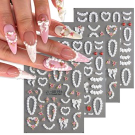 Calcomanías de uñas 5D en relieve, 4 hojas de bonita cadena de color crema, borde de falda plisada, calcomanías de uñas francesas, fresa, cereza, rosa