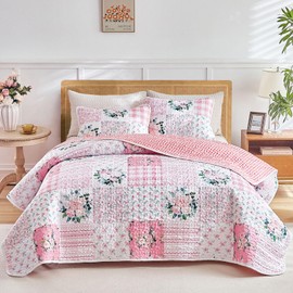 Joyreap 3 Pieces Floral Patchwork Quilt Set King, Pink n White Flowers Design, Soft n Cozy Microfiber Quilt, Bedspread Bed Cover for All Season, 1 Quilt and 2 Pillow Shams- 102x90 inches
