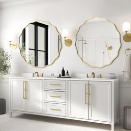 WallBeyond Round Wavy Mirror for Wall Decorative 32 inch, Modern Round Mirror Aluminum Frame for Bathroom Bedroom Living Room Home House Office Entryway, Gold