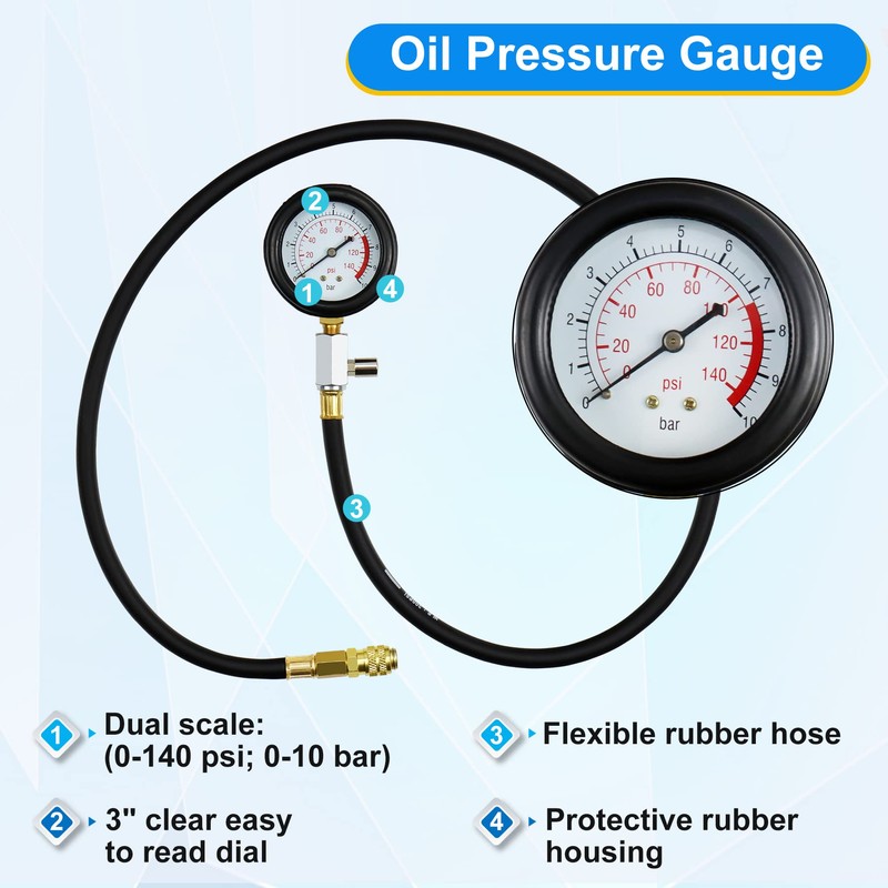 JoyFans Oil Pressure Tester Tool, 0-140PSI Oil Pressure Gauge Kit