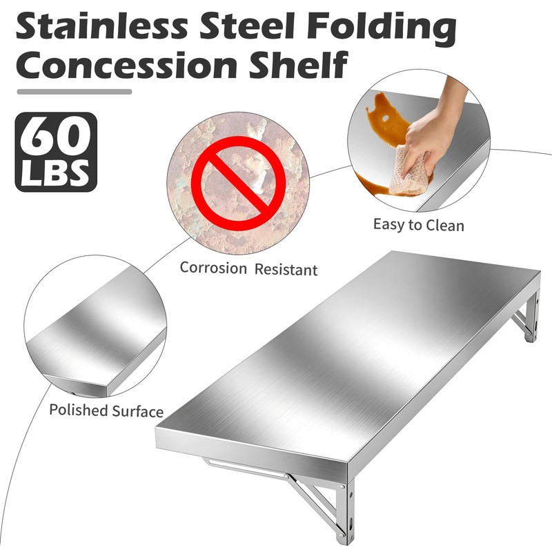36" x 12" Folding Concession Shelf – Stainless Steel Drop