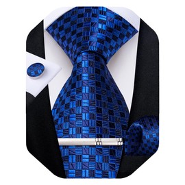 DiBanGu Plaid Ties for Men Silk Checkered Necktie and Pocket Square Cufflinks Tie Clip Set with Gift Box for Wedding Business, Royal Blue