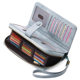 GAEKEAO Leather Credit Card Holder Wallet for Women RFID Blocking Large Capacity Bifold Zipper Card Case Organizer with Wristlet 45 Slots