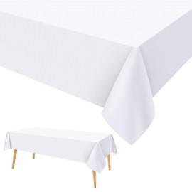 AMFUN 2Pcs White Rectangular Plastic Table Cover (137cm x 274cm),Wipeable Water Resistant Tablecloth for Baby Shower,Events,Wedding,Birthday,Christmas, Party, Home Table Decorations
