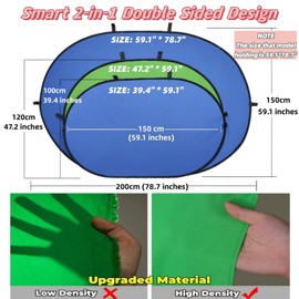 Blue Green Screen Backdrop Double Sided Collapsible Greenscreen Backdrop with Carrying Bag,Portable Pop Up Green Screen Background for Streaming Webcam, Blue & Green 59.1 * 78.7"