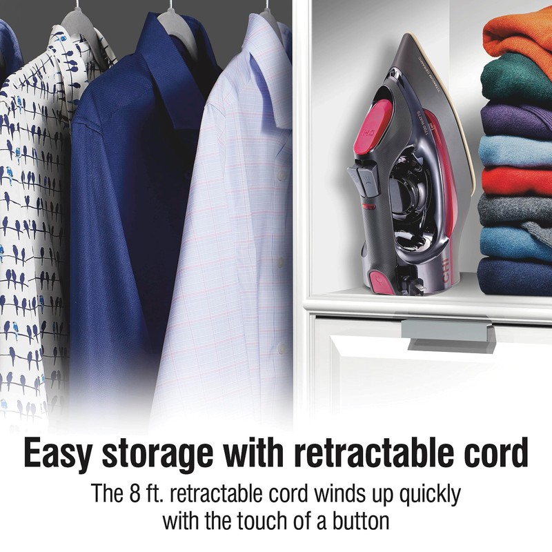 CHI Steam Iron for Clothes with 8’ Retractable Cord, 1700