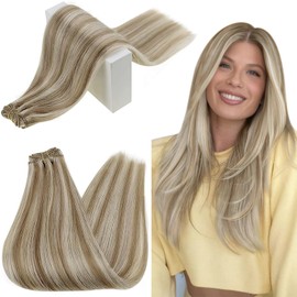 RUNATURE Real Hair Extensions, Blonde Wefts, 30 cm, Short Human Hair Wefts, Real Hair for Sewing, 1 Weft, Ash Brown with Platinum Blonde, Straight Real Hair Wefts for Sewing, 70 g, Colour #8P60