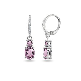 Sterling Silver Genuine or Synthetic Gemstone Oval and Round Dangle Leverback Earrings, Metal, Cubic Zirconia