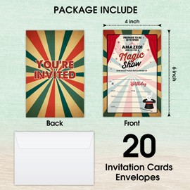 LWBEO Birthday Invitation Cards, Magic Show Party Invites, Kids Happy Birthday Party Decorations Supplies, 20 Fill-in Cards with Envelopes for Boys or Girls Party Celebration - B33