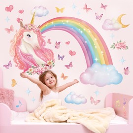 DECOWALL SG2-2321 Rainbow and Unicorn Wall Sticker Clouds Butterflies Children Girls Room Nursery Baby Room Wall Decoration Colourful Home Decor