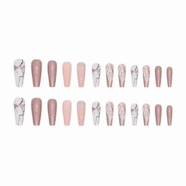 MERVF Coffin Press on Nails Long Fake Nails Glitter Ballerina Glue on Nails Press ons with Rhinestones Design Artificial Acrylic Nails Luxury Fall False Nails 24pcs Glossy