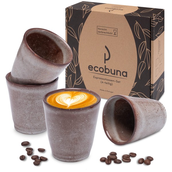 ECOBUNA® Espresso Cups Set (4 x 100 ml) from Portugal - Stoneware Coffee Mugs - Small Coffee Cups without Handle - Ideal for Doppio, Lungo, Espresso Macchiato, Cortado, Babyccino (Cappuccino)