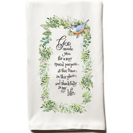 Product Concept Mfg., Inc. Inspirational Kitchen Towel with Floral Wreath and Bird Design, Religious Quote Kitchen Decor, White Cotton