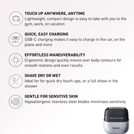 Panasonic Swipe Right Travel Shaver for Women, Portable Electric Razor with USB-C Charging, 3-Blade Cutting System for Dry or Wet Use, White/Silver - ES-CM3A-W