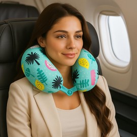 KAMACA Neck Pillow with Great Cover and Press Stud Closure for Support when Travelling, Soft and Comfortable Travel Pillow for Airplane, Train, Car, Bus (Palm Beach Neck Support)