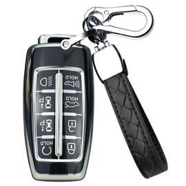 HIBEYO TPU Key Fob Cover for Hyundai Genesis GV80 GV90 G70 G80 G90 GV70 Accessories Key Shell Cover Smart Remote Auto Key Shell for Genesis 8 Buttons Key with Keychain-Leather Keychain Black
