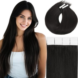 Loxxy Real Human Hair Tape in Extensions 12inch #1B Natural Black Tape in Hair Extensions Human Hair Black Women Glue in Extension Soft Hair Seamless PU Tape ins