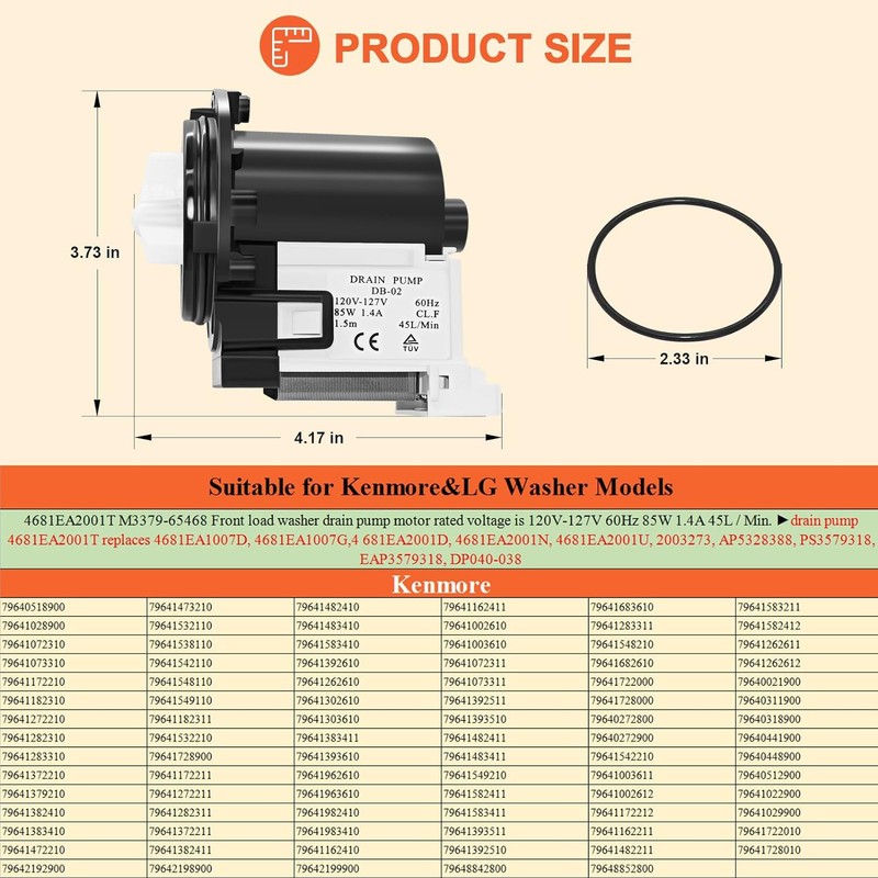 𝟮𝟬𝟮𝟱 𝗨𝗽𝗴𝗿𝗮𝗱𝗲 4681EA2001T Washer Drain Pump Motor Replace for Kenmore&LG
