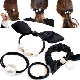 Aollaa Hair Rubber Black Pearl Hair Rubber Large [Atmosphere of Autumn and Winter! 4 Types of 6 Mix] Pearl Hair Scrunchy Cute Ribbon Rubber Popular Korean Style Stylish Adult Hair Accessories
