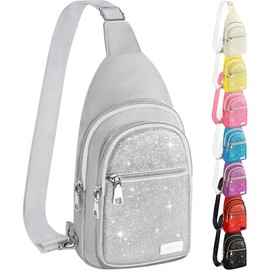 BAOGCOYO Sling Bag for Women Men, Glitter Crossbody Bags, Cute Mini Hiking Daypack, Casual Chest Shoulder Bag for Outdoors Travel (Silver Bling Sparkly)