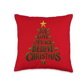 Cute Joy Love Peace Believe Christmas Tree Holiday Graphic Throw Pillow