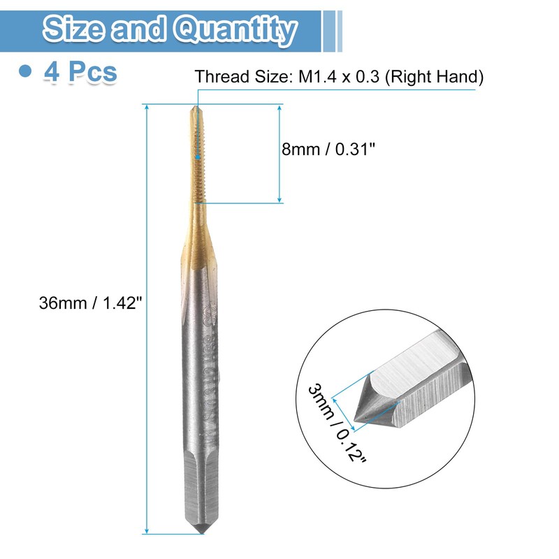sourcing map 4pcs Straight Flute Thread Tap, M1.4 x 0.3