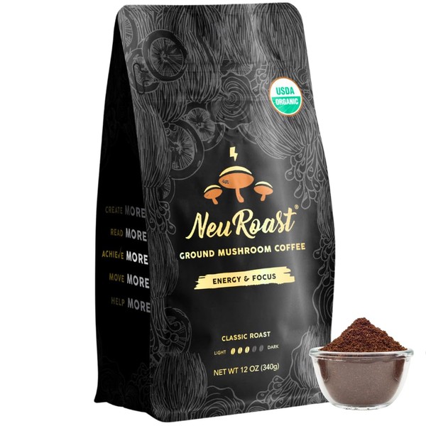 Organic Classic Roast Ground Mushroom Coffee by NeuRoast - Low Acid - Five Superfood Mushrooms Including Lion's Mane & Cordyceps - Nootropic Blend for Cognitive Support