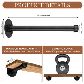 Hoteam Set of 12 Industrial Pipe Shelf Brackets Black Iron Metal Wall Mounted DIY Shelving Rustic Pipe Wall Bracket Hanging Brackets for Floating Shelves Clothing,Hardware Included(12 Inch)