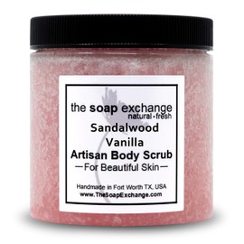 The Soap Exchange Sea Salt Body Scrub - Sandalwood Vanilla Scent - Hand Crafted 16 fl oz / 480 ml Natural Artisan Skin Care, Shea Butter, Exfoliate, Moisturize, & Protect. Made in the USA.