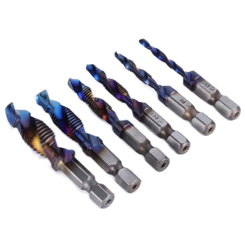 6pcs Spiral Tap Drill Bit Set Blue Plating Coating Hex