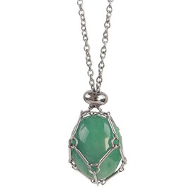 FANASY Crystal Holder Necklace - Stainless Steel Cage for Stones, Crystal Pendant Necklace With Adjustable Length, Natural Gemstone Jewelry for Women Men (Polished Green Aventurine)