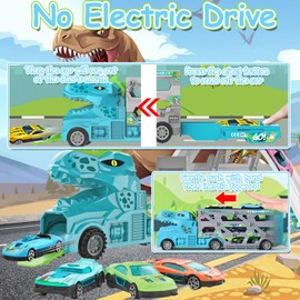 TEUVO Dinosaurier Autotransporter Spielzeug für Kinder ab 2 3 4 5 Jahre, T-Rex Dino Auto Truck Spielzeugauto LKW mit 12 Katapult Autos & 18 Verkehrsschilder, Dino Spielzeug Geschenke für Weihnachten