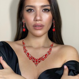 Ever Faith Wedding Bridal Jewellery Sets for Women, Sparkly Rhinestone Crystal Floral Teardrop Cluster Statement Necklace Dangle Drop Earrings Bracelet Set 3 Pcs Costume Jewelry Red Silver-Tone