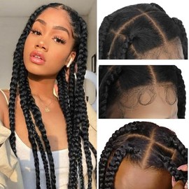 OTO BELLA Knotless Box Braid Wig 32 Inch Glueless HD Lace Front Wig Synthetic Braided Wig for Black Women - Thick & Long Jumbo Box Braids with Baby Hair