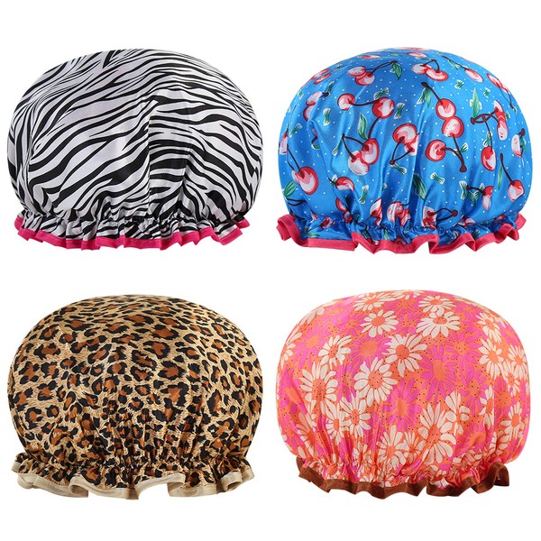 Vtrem 4 Pack Shower Cap for Women Waterproof Double Layer Hair Bath Caps with Elastic Band Fashion Pattern Reusable Bathing Hat for Women Girls