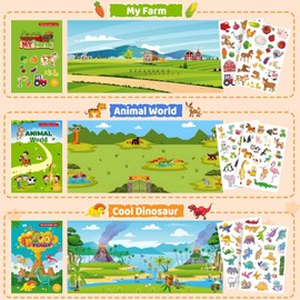 Mijradge Kids Sticker Book, 3 Pack Fun Travel Stickers, Farm, Wild Animals, Dinosaurs Themes, PVC Material, Multicolor, Animal Pattern, Reusable, 18 Stickers, Ages 3+, Outdoor Use, Sticker Book