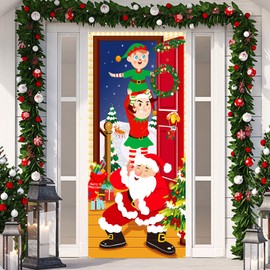DPKOW Santa Claus Elves Banner for Christmas Decoration, Fabric Banner for Christmas Outdoor Wall Decoration, Christmas Door Cover Decoration, Large Christmas Photo Background Poster, 180 * 90cm