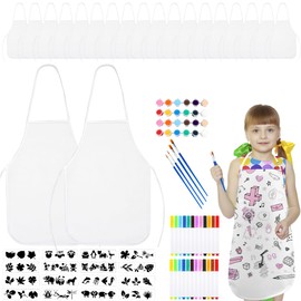 Flotory 68 Pcs Kids Painting Aprons Kit include 20 Blank DIY White Apron 24 Colored Pens 4 Acrylic Paint 4 Painting Brushes and 16 Drawing Rule for PaintingKitchen Cooking
