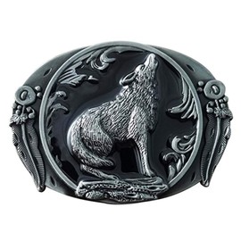 Wolf Western Belt Buckle,Men's Fashion Cool Retro Western Cowboy Wolf Leaf Belt Buckles Black Enamel Grey Tone, Zinc AlloyTin color with Wolf, 3.1*2.3 inch,weight 2.15Oz.
