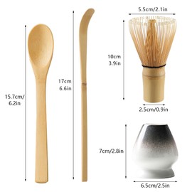 Matcha Tea Set with Whisk and Spoon, Matcha Whisk Kit with Ceramic Whisk Holder Scoop Matcha Ceremony Accessory Set Matcha Gift Set(Black-White)