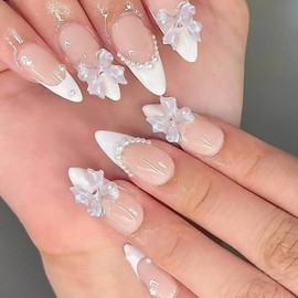 White French Tip Press on Nails Medium Almond Fake Nails with Pearls Designs 3D Bow False Nails Acrylic Glue on Nails Full Cover Stick on Nails for Women Artificial Nails 24 Pcs
