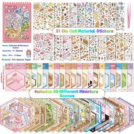 Collection Post 3D Miniature Scene 20 Sets of Stickers,DIY House Sticker with Tweezers Make Your Own Cute Cartoon Sticky Pack for Adults Girls Relief Stress Pass The Time,Party Favors Birthday Gift