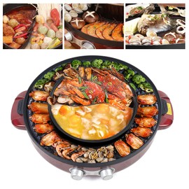 2 in 1 Electric Smokeless Grill and Hot Pot BBQ Grill Soup Shabu Pot Household Electric Barbecue Plate Frying Cook Grill Kitchen Barbecue Machine 2200W 110V Red
