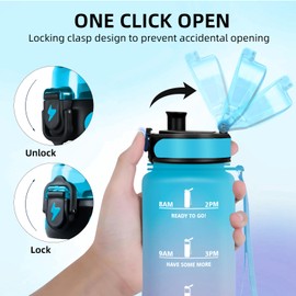Grsta 1 Litre Sports Water Bottle with Filter, Leak-Proof Drinking Bottle with Motivational Slogan, Water Bottle with Time, Can Be Carried, for Bicycle, Gym, Camping, Outdoor, Blue/Purple