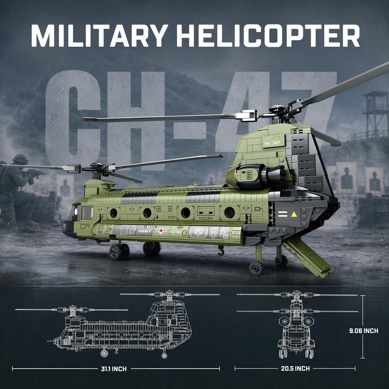 JMBricklayer CH-47 Chinook Helicopter Building Set, Military Cargo Helicopter Model