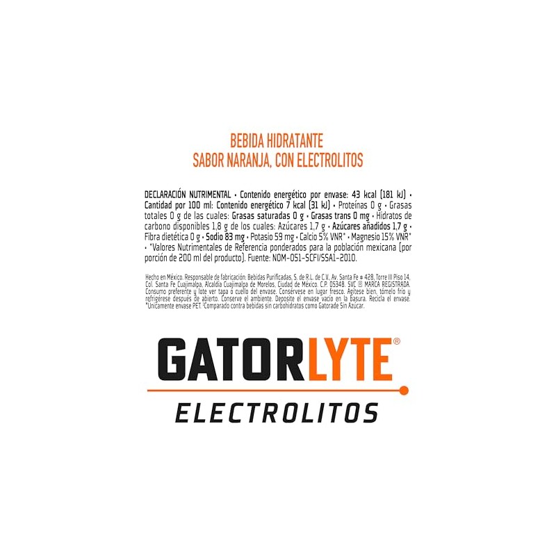 Gatorlyte Bebida Hidratante con Electrolitos sabor Naranja 6 Pack x