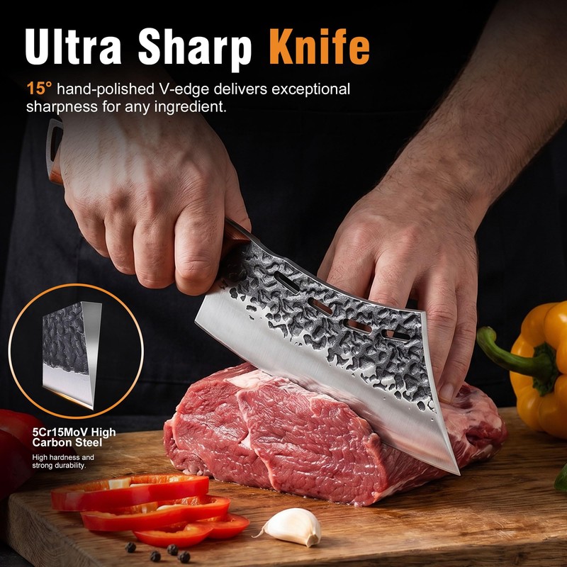 KITNATS Hand Forged 3PCS BBQ Butcher Knife Set, Full Tang